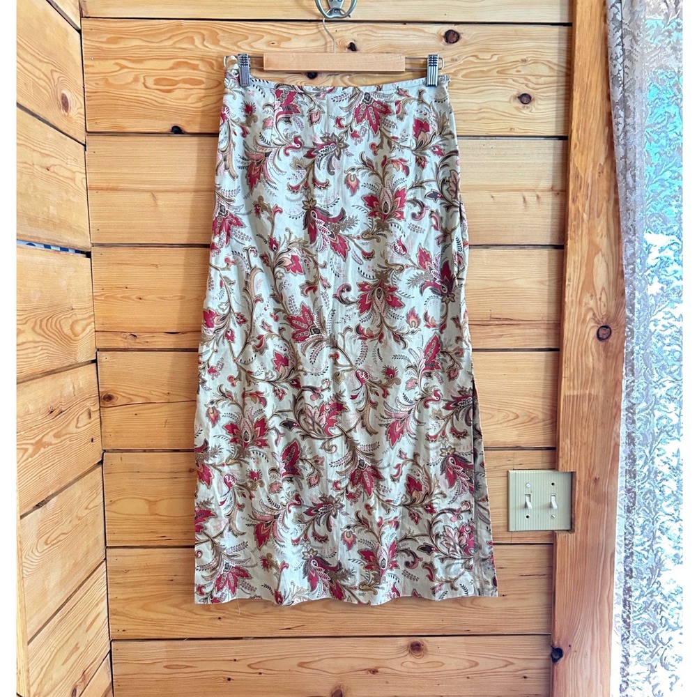 Vintage 100% Linen Floral Maxi Skirt Size 10 Beige Red Excellent Charter Club